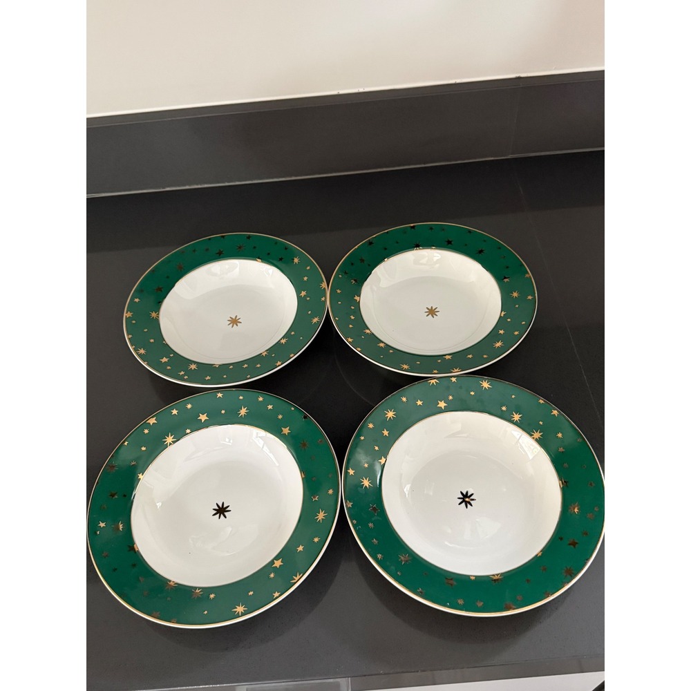 Vtg Sakura Galaxy Fine Porcelain Bowls Set of 4 Green 14k Gold‎ Stars Celestial